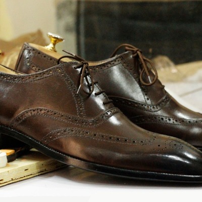 Handmade brown wing tip brogue leather shoes,men's oxford lace up shoes - Thumbnail 2