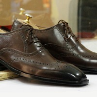Handmade Brown Wing Tip Brogue Leather Shoes,Men's Oxford Lace Up Shoes - Thumbnail 4