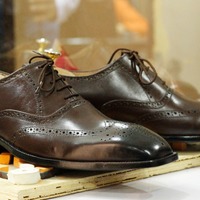 Handmade Brown Wing Tip Brogue Leather Shoes,Men's Oxford Lace Up Shoes - Thumbnail 3