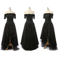 Off-the-shoulder High Low Prom Dresses, Asymmetrical Gothic Black Wedding Dresses, Short Sleeve Lace Prom Dress,672 - Thumbnail 2