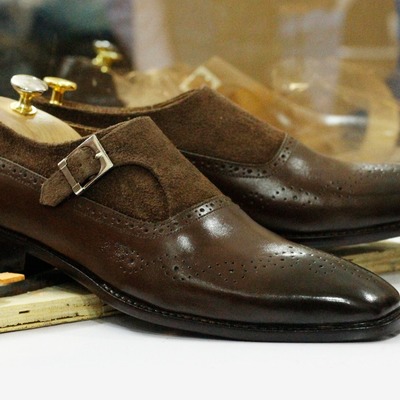 Handmade brown leather suede monk straps shoes,men's oxford shoes - Thumbnail 1
