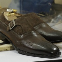 Handmade Brown Leather Suede Monk Straps Shoes,Men's Oxford Shoes - Thumbnail 1