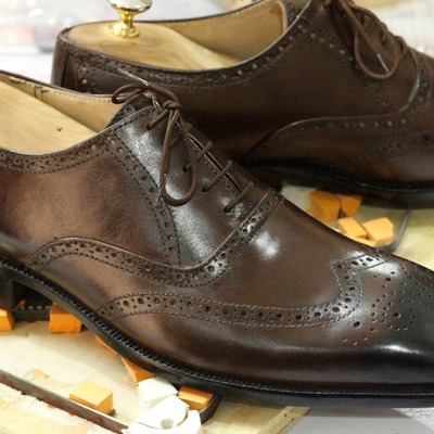Handmade brown wing tip brogue leather shoes,men's oxford lace up shoes - Thumbnail 2