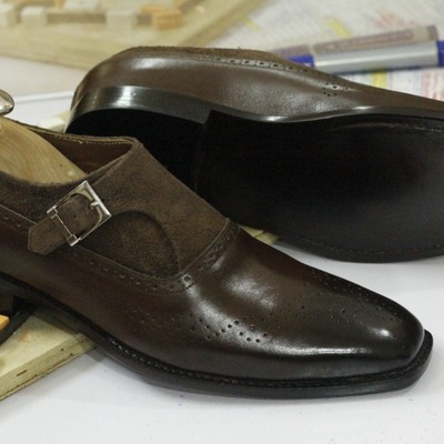 Handmade brown leather suede monk straps shoes,men's oxford shoes - Thumbnail 3