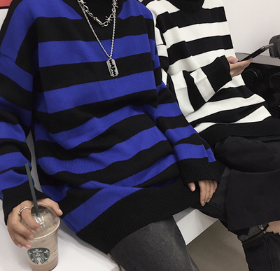 Free Shipping-90s STRIPED HIGH NECK SWEATER