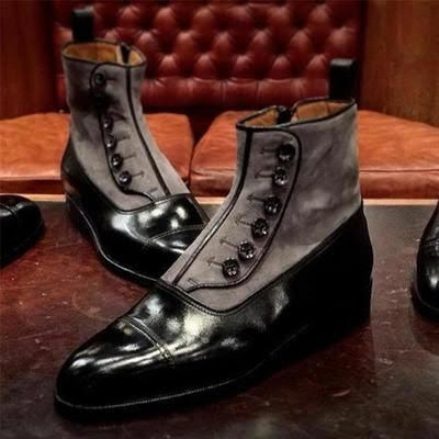 Men's black leather grey suede cap toe oxfords ankle high button boot sale price - Thumbnail 4