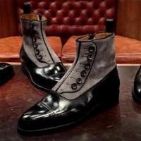 Men's Black Leather Grey Suede Cap Toe Oxfords Ankle High Button Boot Sale Price - Thumbnail 1