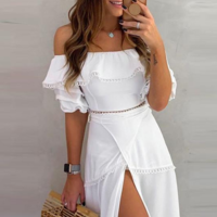 Elegant Solid Color One-Shoulder Ruffled Slit Dress - Thumbnail 1