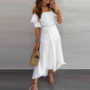 Elegant Solid Color One-Shoulder Ruffled Slit Dress-2