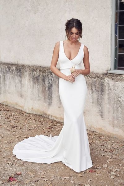 Chic Mermaid V Neck Open Back White Heavy Satin Wedding Dresses with Button