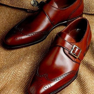 Christmas dark brown handmade single monk leather wingtip brogue wedding shoes