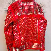 Men Classy Red Gothic Emo Style Leather Jacket with Silver Studs and Spikes, Studded Leather Jacket for Biker - Thumbnail 1