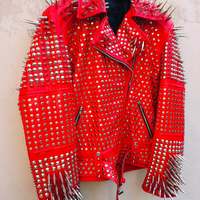 Men Classy Red Gothic Emo Style Leather Jacket with Silver Studs and Spikes, Studded Leather Jacket for Biker - Thumbnail 2