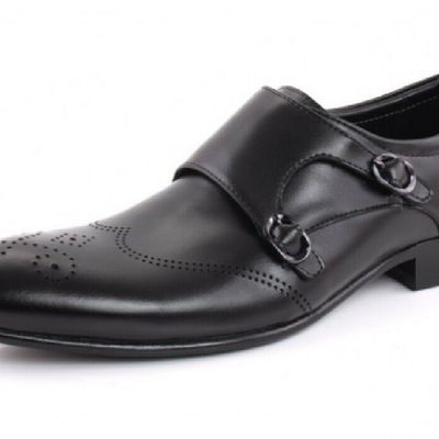 Newly stylish monk style dual buckle strap brogue toe real leather men shoes