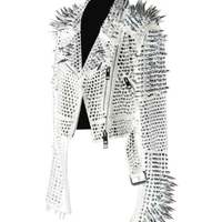 New Men Rock Punk Style White Leather Jacket with Spikes and Studs, Gothic Apparel, Emo Style Leather Jacket - Thumbnail 1