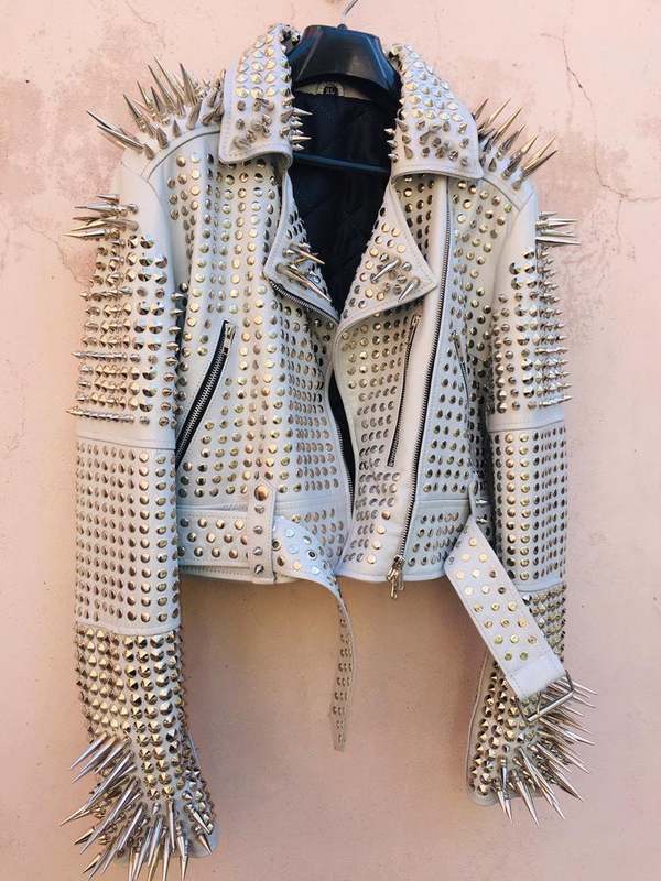 New Men Rock Punk Style White Leather Jacket with Spikes and Studs, Gothic Apparel, Emo Style Leather Jacket