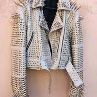 New Men Rock Punk Style White Leather Jacket with Spikes and Studs, Gothic Apparel, Emo Style Leather Jacket - Thumbnail 4