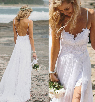 Bohemian Sheath V Neck Spaghetti Straps White Lace Long Wedding Dresses with Split