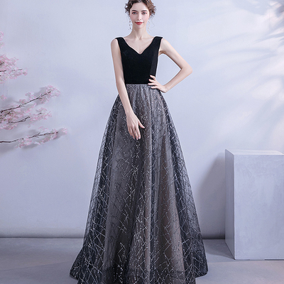 Black velvet sequins long prom dress formal dress - Thumbnail 3