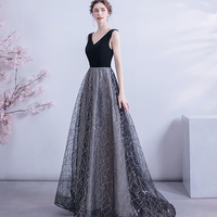 Black velvet sequins long prom dress formal dress - Thumbnail 1