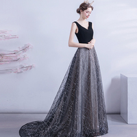 Black velvet sequins long prom dress formal dress - Thumbnail 2