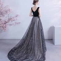 Black velvet sequins long prom dress formal dress - Thumbnail 3