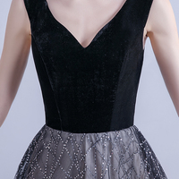 Black velvet sequins long prom dress formal dress - Thumbnail 4