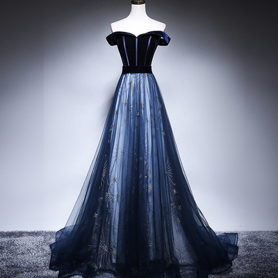 Blue velvet tulle long prom dress evening dress - Thumbnail 5
