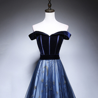 Blue velvet tulle long prom dress evening dress - Thumbnail 1