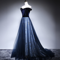 Blue velvet tulle long prom dress evening dress - Thumbnail 2