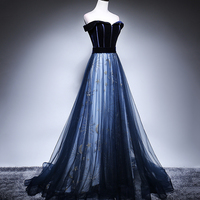 Blue velvet tulle long prom dress evening dress - Thumbnail 3
