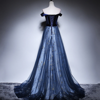 Blue velvet tulle long prom dress evening dress - Thumbnail 4
