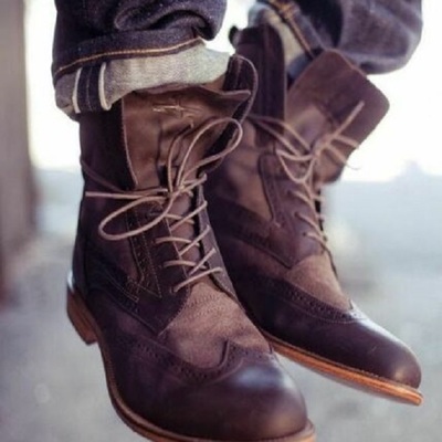 New men's handmade leather boots, pure leather wingtip dress lace up boots - Thumbnail 1