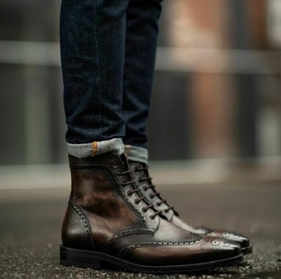 Handmade Men Brown Leather Brogue Style Ankle Boots, Men Winter Apparel