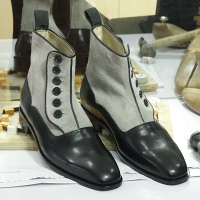Handmade black & white leather suede button top boot,formal boot,party wear shoes - Thumbnail 1