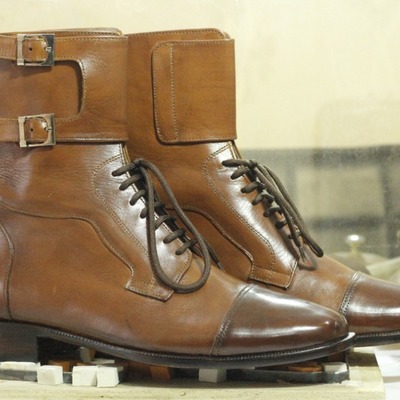 Handmade brown cap toe leather double monk ankle high boot,men's boot,oxford boot - Thumbnail 2