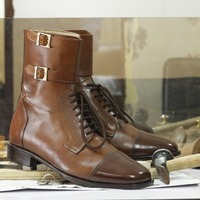 Handmade Brown Cap Toe Leather Double Monk Ankle High Boot,Men's Boot,Oxford Boot - Thumbnail 1