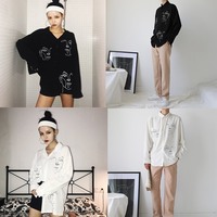 Cute Face Asymmetrical White Long Sleeve Shirt Tee T-shirt Top Blouse E-Girl Kawaii Korean Japanese Harajuku Retro Streetwear Aesthetic - Thumbnail 1