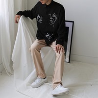 Cute Face Asymmetrical White Long Sleeve Shirt Tee T-shirt Top Blouse E-Girl Kawaii Korean Japanese Harajuku Retro Streetwear Aesthetic - Thumbnail 3