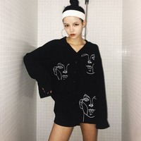 Cute Face Asymmetrical White Long Sleeve Shirt Tee T-shirt Top Blouse E-Girl Kawaii Korean Japanese Harajuku Retro Streetwear Aesthetic - Thumbnail 4