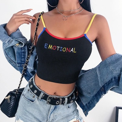 Cute Black Emotional Embroidery Crop Top Camisole Spaghetti Tank Shirt Tee T-shirt E-Girl Kawaii Korean Japanese Harajuku Retro Streetwear Aesthetic