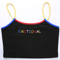 Cute Black Emotional Embroidery Crop Top Camisole Spaghetti Tank Shirt Tee T-shirt E-Girl Kawaii Korean Japanese Harajuku Retro Streetwear Aesthetic - Thumbnail 6
