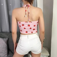 Cute Pink Strawberry Print Crop Top Camisole Spaghetti Strap Tank Shirt Tee T-shirt E-Girl Kawaii Korean Japanese Harajuku Retro Streetwear Aesthetic - Thumbnail 1