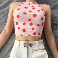 Cute Pink Strawberry Print Crop Top Camisole Spaghetti Strap Tank Shirt Tee T-shirt E-Girl Kawaii Korean Japanese Harajuku Retro Streetwear Aesthetic - Thumbnail 2