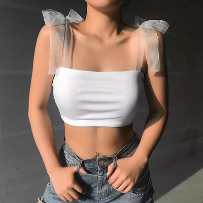Cute White Patchwork Mesh Transparent Straps Tie Up Tank Top Crop Shirt Tee T-shirt E-Girl Kawaii Korean Japanese Harajuku Retro Streetwear Aesthetic