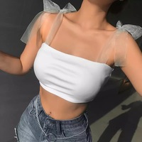 Cute White Patchwork Mesh Transparent Straps Tie Up Tank Top Crop Shirt Tee T-shirt E-Girl Kawaii Korean Japanese Harajuku Retro Streetwear Aesthetic - Thumbnail 1