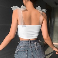 Cute White Patchwork Mesh Transparent Straps Tie Up Tank Top Crop Shirt Tee T-shirt E-Girl Kawaii Korean Japanese Harajuku Retro Streetwear Aesthetic - Thumbnail 2