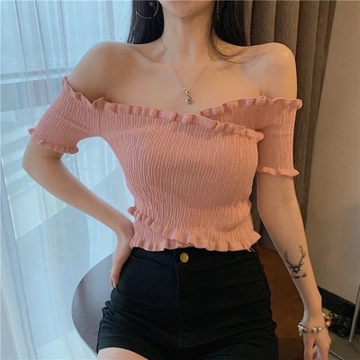 Cute Sexy Knit Crochet Off Shoulder Crop Top Shirt Tee T-shirt E-Girl Kawaii Korean Japanese Harajuku Retro Streetwear Aesthetic