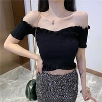 Cute Sexy Knit Crochet Off Shoulder Crop Top Shirt Tee T-shirt E-Girl Kawaii Korean Japanese Harajuku Retro Streetwear Aesthetic - Thumbnail 1