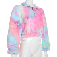 Cute Casual Rainbow Furry Tie Dye Plush Crop Long Sleeve Loose Sweatshirt Pullover E-Girl Kawaii Korean Japanese Harajuku Retro Streetwear Aesthetic - Thumbnail 2